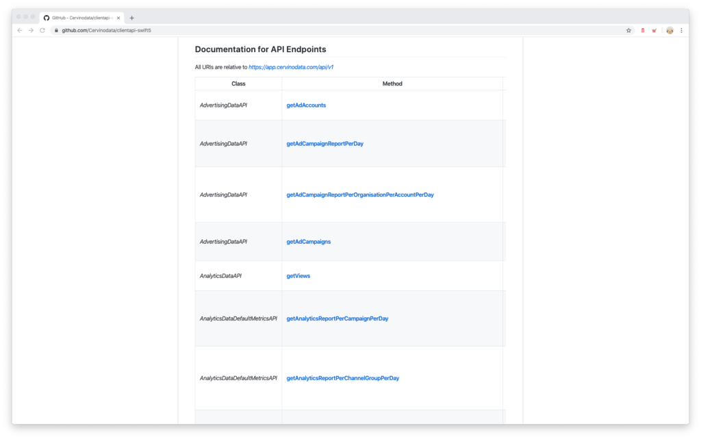 Cervinodata Swift api client end points