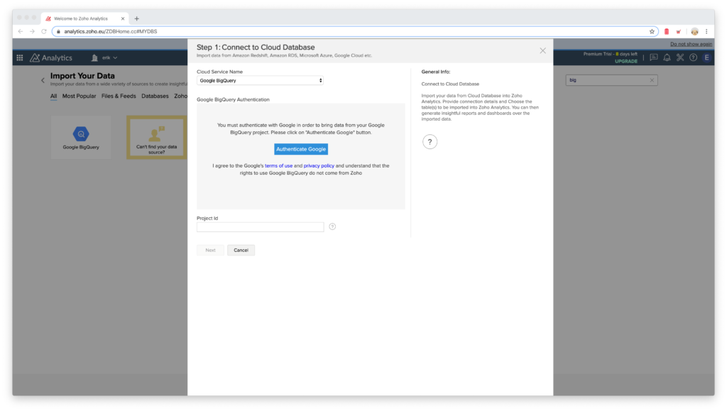 Connect Zoho analytics to BigQuery