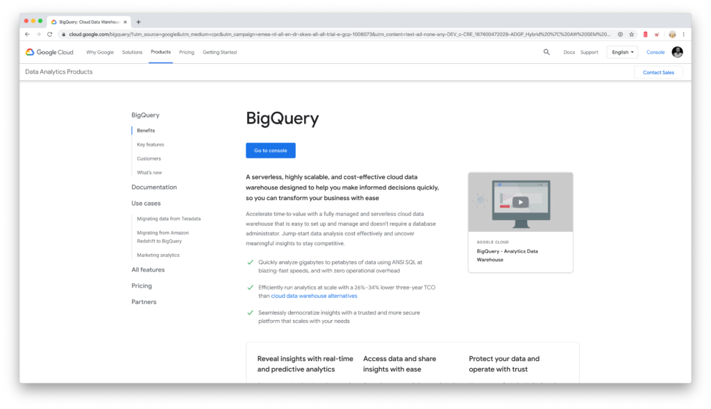 Google BigQuery homepage