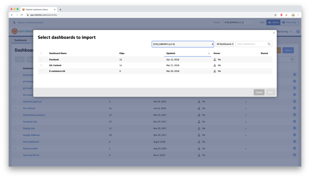 klipfolio import from library