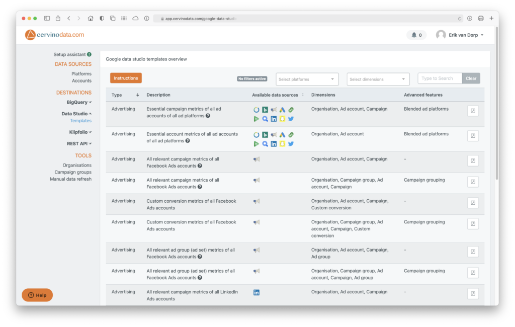 Google Data Studio template selection